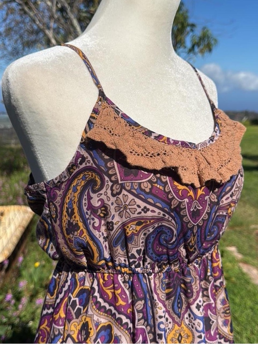 Purple brown paisley baby doll sleeveless boho festival prairie maxi dress - Picture 2 of 6